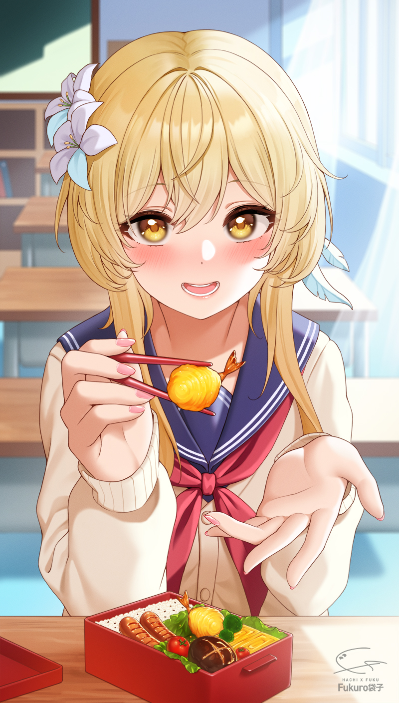 1girl artist_name bangs blonde_hair blush buttons chopsticks desk eyebrows_visible_through_hair feathers flower food fukuro_ko_(greentea) genshin_impact hair_between_eyes hair_feathers hair_flower hair_ornament highres holding holding_chopsticks indoors long_hair long_sleeves looking_at_viewer lumine mushroom nail_polish neckerchief obentou offering open_hand open_mouth outstretched_hand pink_nails rice school_uniform signature smile solo sunlight teeth tempura tomato window yellow_eyes