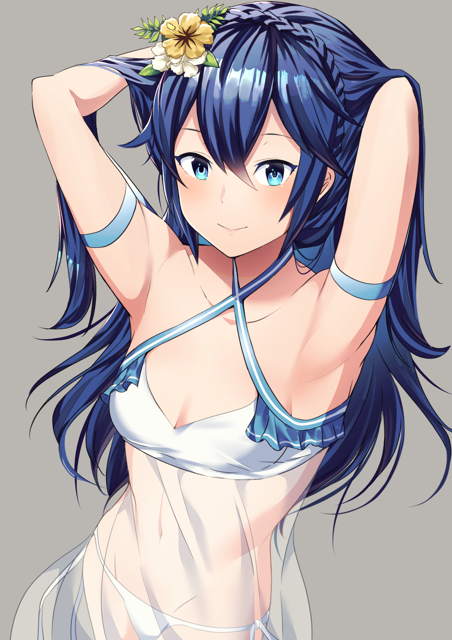 1girl adjusting_hair alternate_costume alternate_hairstyle ameno_(a_meno0) armpits arms_behind_head arms_up bare_shoulders bikini blue_eyes blue_hair braid breasts closed_mouth collarbone covered_navel criss-cross_halter crown_braid fire_emblem fire_emblem_awakening flower frills grey_background hair_between_eyes hair_flower hair_ornament halterneck highres long_hair looking_at_viewer lucina_(fire_emblem) navel see-through simple_background small_breasts smile solo swimsuit veil white_bikini white_swimsuit yellow_flower