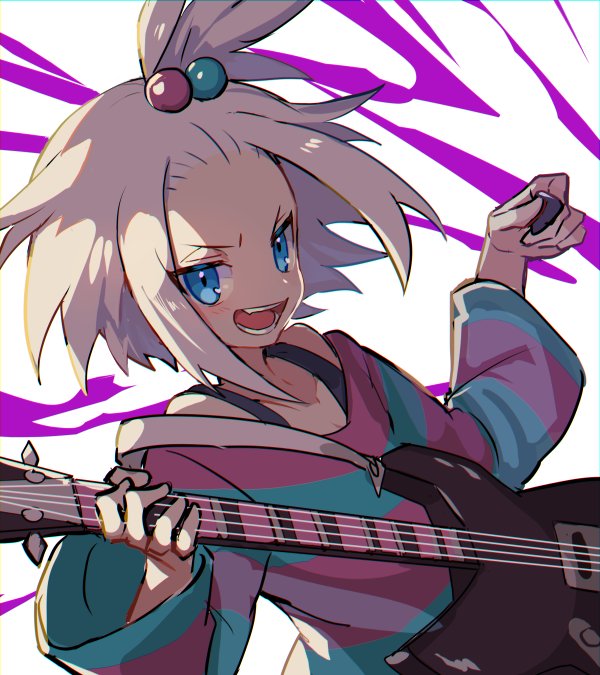 1girl bass_guitar blue_eyes blush collarbone commentary_request dress grey_hair gym_leader hair_bobbles hair_ornament hands_up holding holding_instrument holding_plectrum instrument medium_hair open_mouth pokemon pokemon_(game) pokemon_bw2 roxie_(pokemon) smile solo striped striped_dress teeth tongue topknot tpi_ri two-tone_dress upper_body