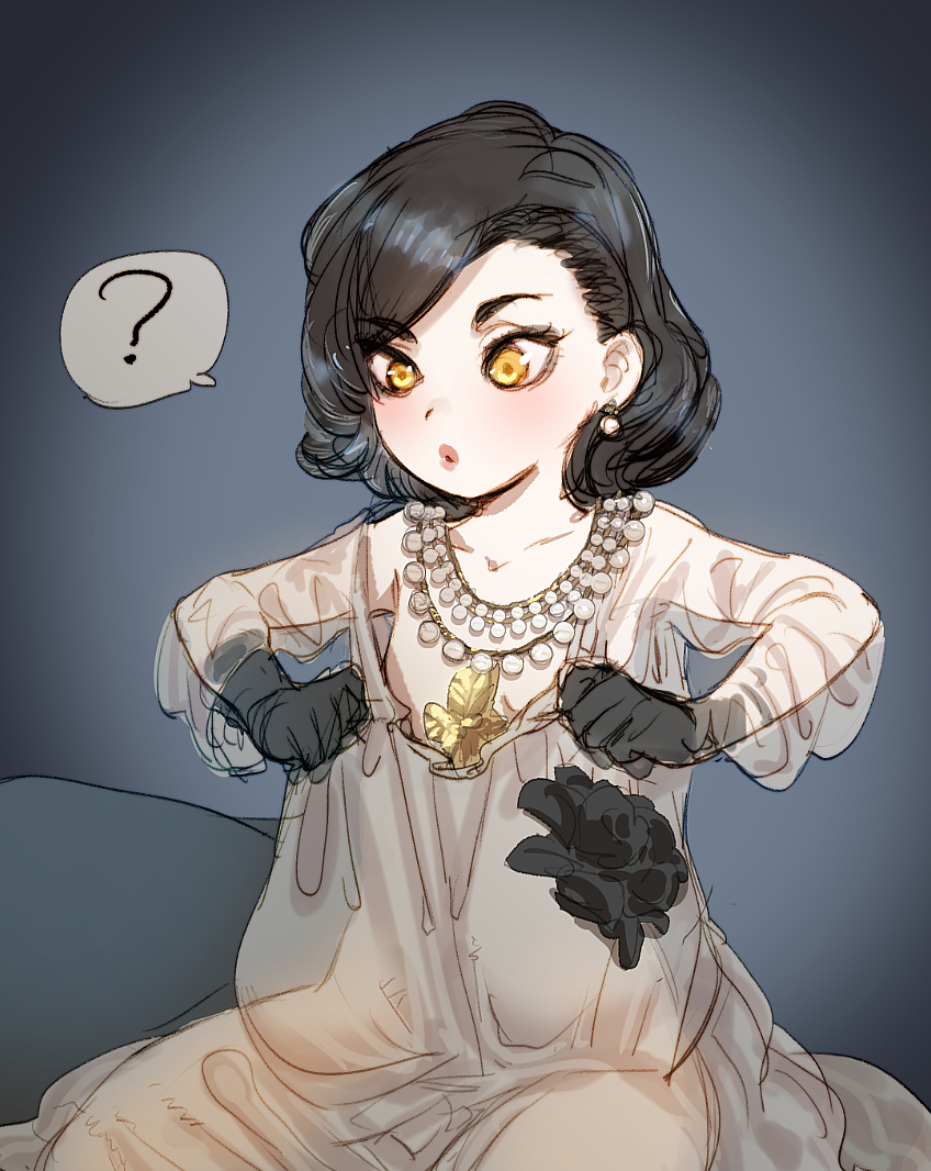 1girl ? alcina_dimitrescu alternate_breast_size black_gloves black_hair blush bow_(bhp) dress earrings flat_chest gloves grey_dress hands_up jewelry medium_hair necklace resident_evil resident_evil_village sitting solo spoken_question_mark yellow_eyes younger