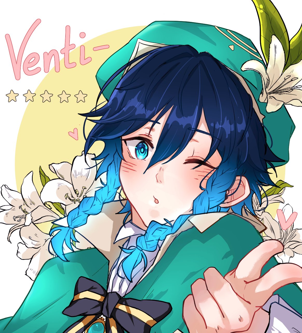 1boy androgynous bangs beret blue_eyes blue_hair blush bow braid brooch cape character_name collared_cape collared_shirt english_text eyebrows_visible_through_hair flower frilled_sleeves frills gem genshin_impact gradient_hair green_headwear hat hat_flower heart highres illu_nis jewelry leaf long_sleeves looking_at_viewer male_focus multicolored_hair one_eye_closed open_mouth pointing pointing_at_viewer shirt short_hair_with_long_locks simple_background solo star_(symbol) twin_braids venti_(genshin_impact) white_flower white_shirt