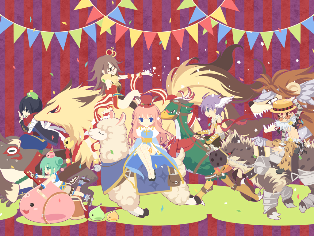3boys 3girls allegretto_(pixiv) animal animal_around_neck animal_print archbishop_(ragnarok_online) armband bandages bangs banner bell bird black_eyes black_footwear black_hair black_jacket blue_dress blue_eyes blue_pants blue_shirt blush brown-framed_eyewear brown_footwear brown_gloves brown_hair brown_jacket brown_pants brown_shorts chain closed_mouth commentary_request confetti crown double_bun dress drops_(ragnarok_online) eyebrows_visible_through_hair fingerless_gloves fishnet_legwear fishnets fox frog frog_on_head full_body glasses gloves goggles green_eyes green_hair hair_between_eyes hat head_wings high_heels holding hyena jacket jingle_bell leopard_print lion llama long_hair looking_at_another looking_to_the_side multiple_boys multiple_girls ninja_(ragnarok_online) open_mouth oversized_animal pants party_hat pink_hair pointing poporing poring pouch professor_(ragnarok_online) purple_background purple_hair ragnarok_online red_background red_scarf redhead riding riding_bird round_eyewear saddle scarf shadow_chaser_(ragnarok_online) shirt shoes short_hair shorts shrug_(clothing) sleeveless sleeveless_shirt slime_(creature) smile sniper_(ragnarok_online) striped striped_background super_novice_(ragnarok_online) teeth tinted_eyewear top_hat two-tone_dress white_dress yellow_gloves yellow_headwear yellow_shirt