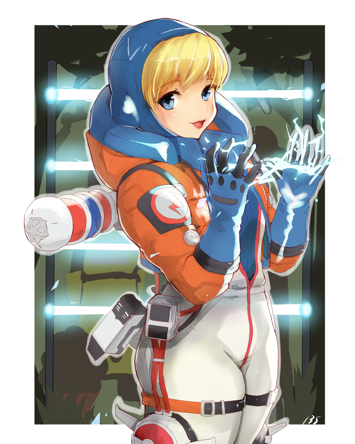 1girl apex_legends backpack bag bangs blue_eyes blue_gloves blue_sweater blush bodysuit electricity eyebrows_visible_through_hair gloves hood hood_up hyakusannjyuugo jacket looking_at_viewer open_hands open_mouth orange_jacket ribbed_sweater solo sweater thigh_strap wattson_(apex_legends) white_bodysuit