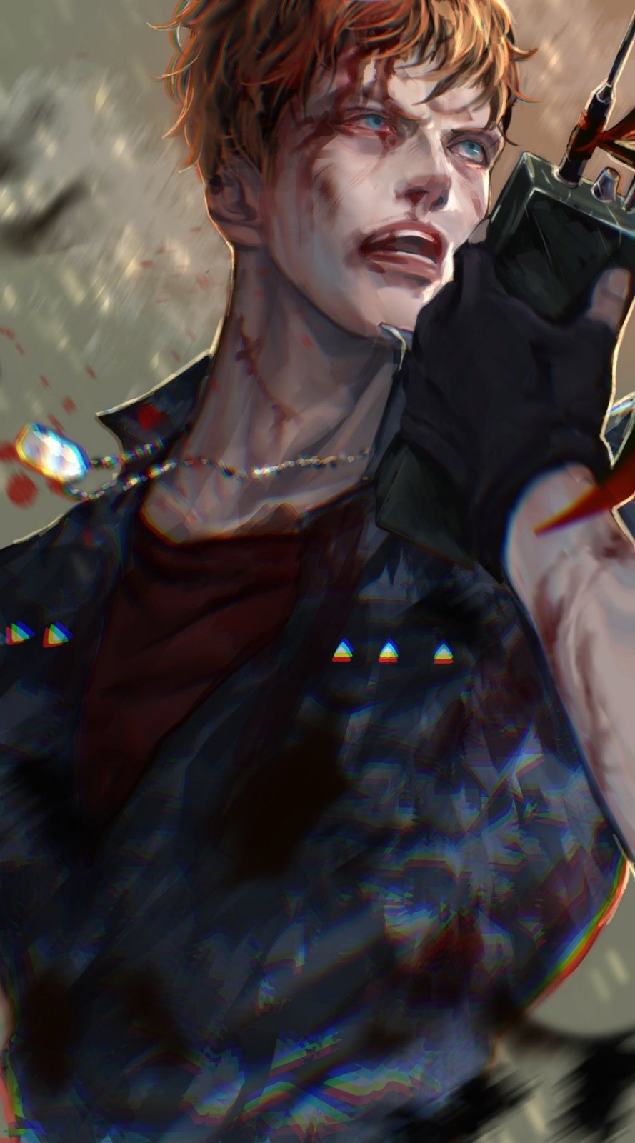 1boy blood blood_on_face bloody_clothes blue_eyes brown_hair busujima_riou_mason camouflage camouflage_jacket dog_tags highres holding_walkie-talkie hypnosis_mic jacket la_la_la_la male_focus open_mouth red_shirt shirt simple_background walkie-talkie