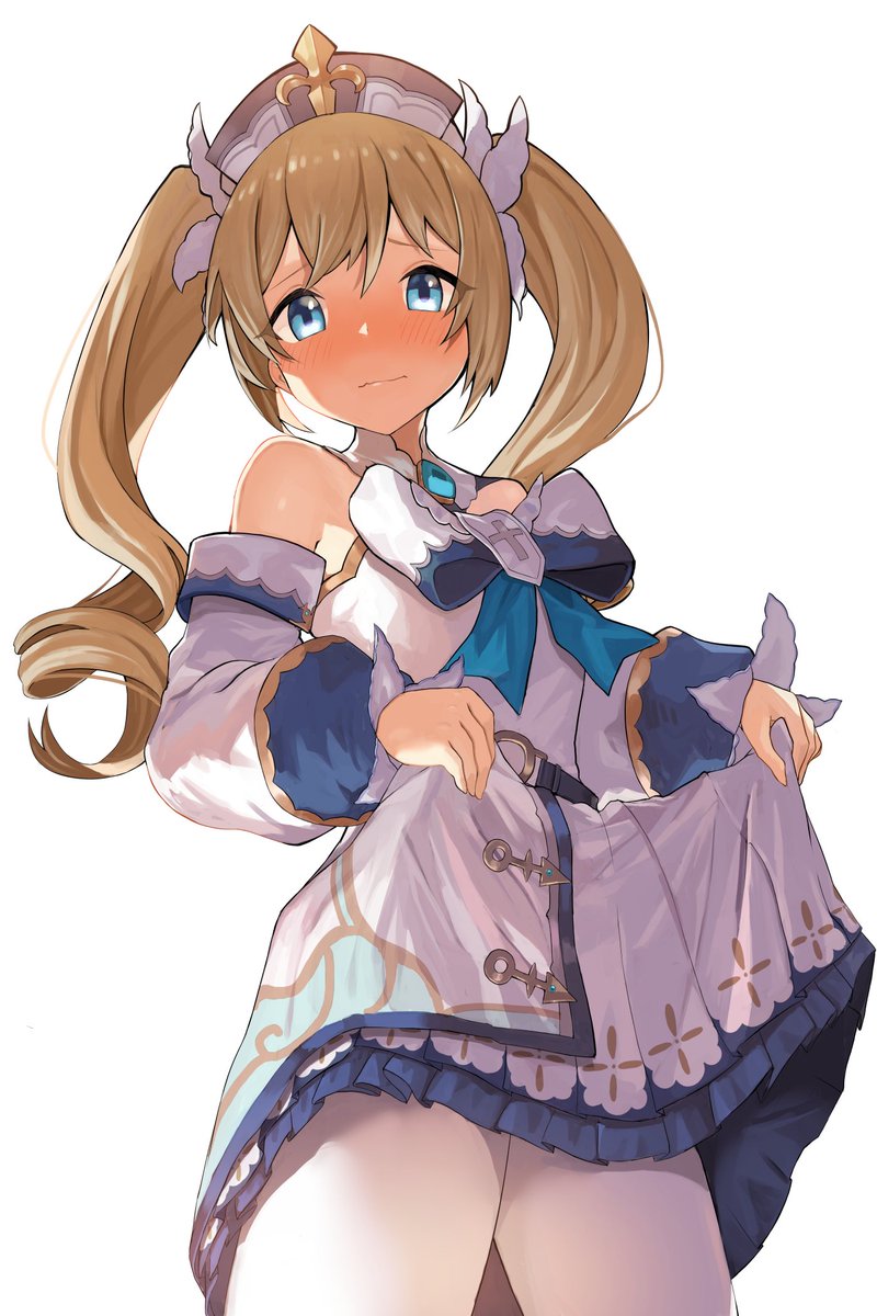 1girl barbara_(genshin_impact) blonde_hair blue_eyes blush bow breasts closed_mouth commentary cowboy_shot detached_sleeves dress dress_lift drill_hair embarrassed genshin_impact hat highres large_bow lifted_by_self long_hair looking_at_viewer medium_breasts moutama pantyhose simple_background solo tareme twin_drills twintails wavy_mouth white_background white_bow white_dress white_headwear white_legwear