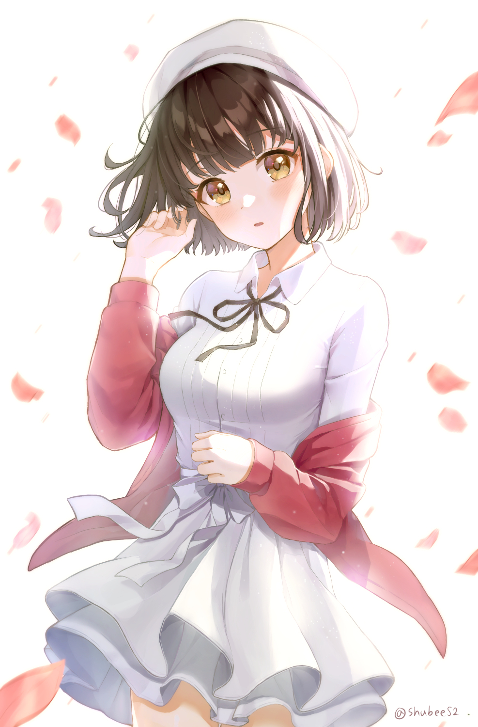1girl acco_(sh_in) bangs black_hair black_ribbon blush breasts brown_eyes cherry_blossoms eyebrows_visible_through_hair hand_on_own_face hand_up hat highres katou_megumi long_sleeves looking_at_viewer medium_breasts parted_lips ribbon saenai_heroine_no_sodatekata short_hair simple_background skirt solo white_background white_headwear white_ribbon