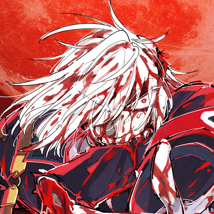 1boy armband belt bleeding blood blood_on_face bloody_clothes bloody_hair cropped dies_irae dies_irae_~interview_with_kaziklu_bey~ disembodied_limb eyebrows_visible_through_hair eyes_visible_through_hair gloves hair_over_one_eye kishia_(jun'aist) male_focus moon mouth_hold red_eyes red_moon red_theme shinza_bansho_series solo sweat white_gloves white_hair