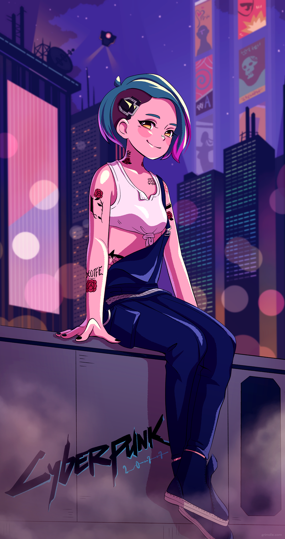 1girl aqua_hair black_footwear black_nails blue_overalls blush building copyright_name cyberpunk_2077 flower full_body grimdle highres judy_alvarez looking_at_viewer red_flower red_rose rose shoes short_hair sidecut sitting smile solo tattoo yellow_eyes
