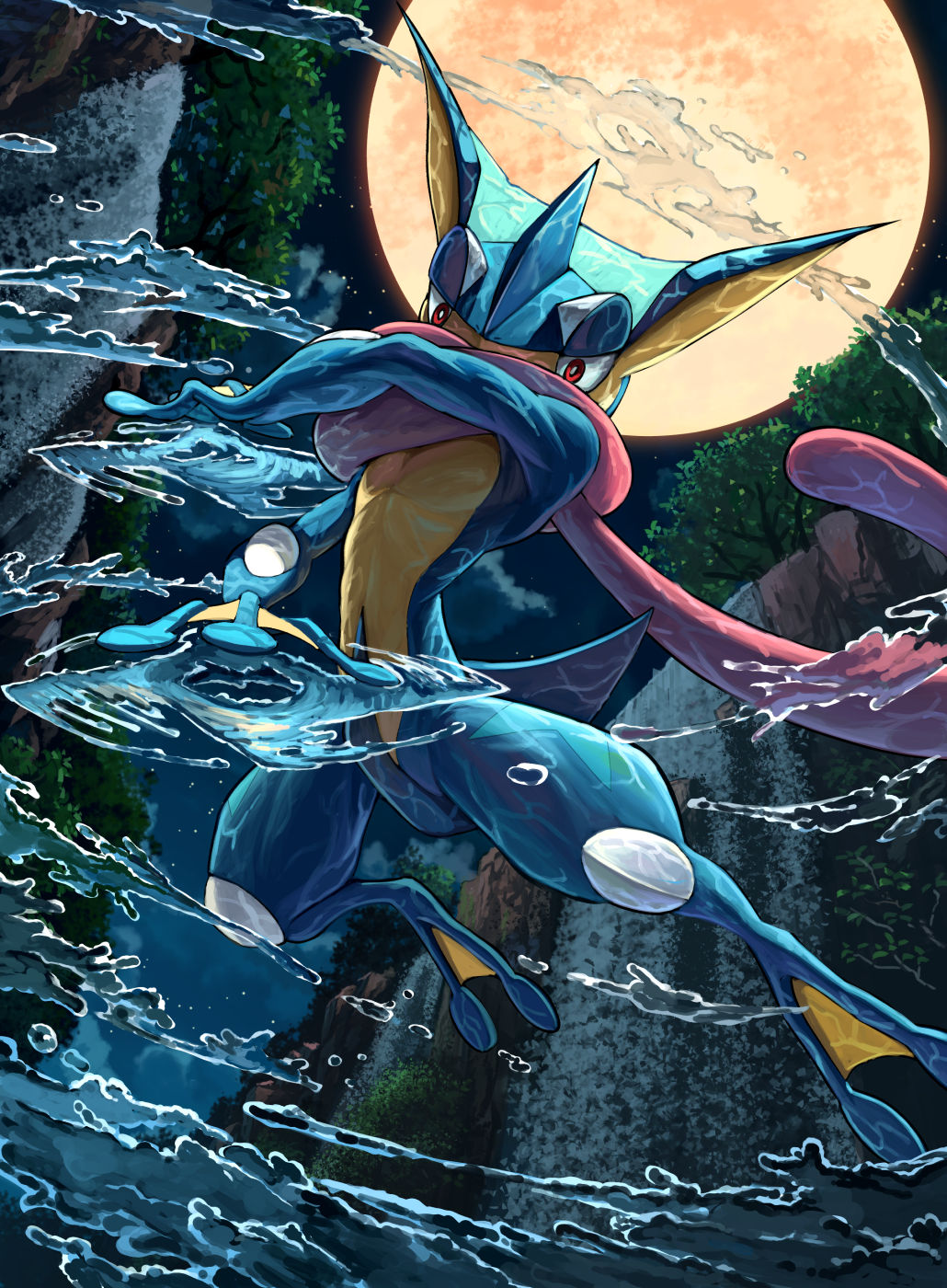 clouds commentary_request from_below gen_6_pokemon greninja highres karamimame looking_down moon night outdoors pokemon pokemon_(creature) red_eyes sky solo star_(sky) tongue_scarf water_drop