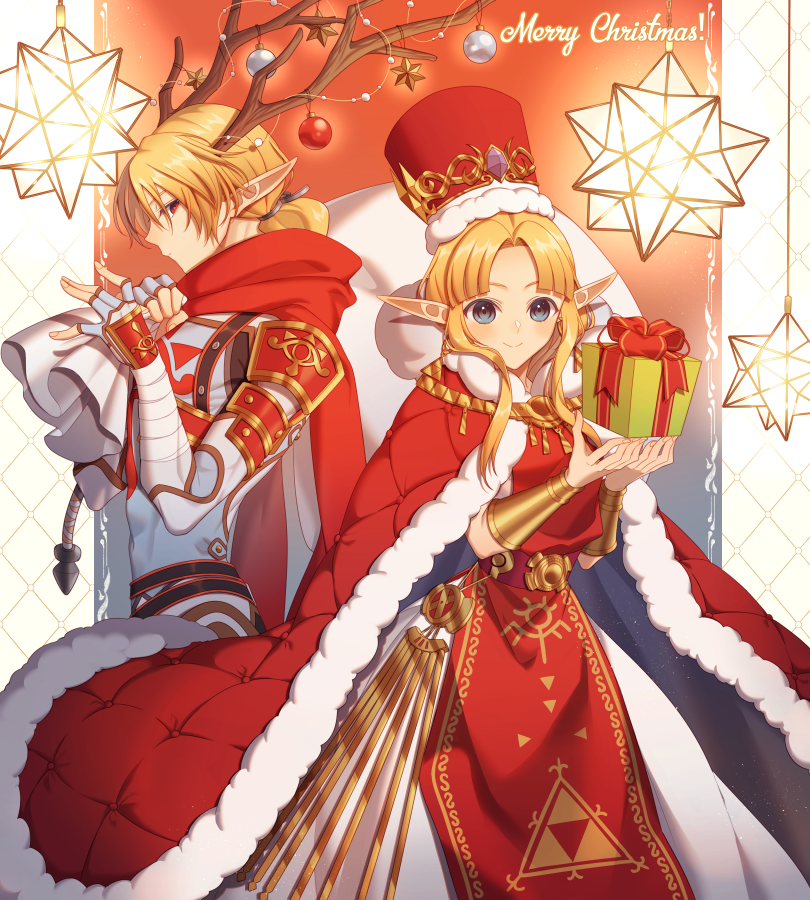 2girls antlers bangs bitikara blonde_hair blue_eyes box cape christmas christmas_ornaments cowboy_shot dress fur_trim gift gift_box hands_up long_hair multiple_girls parted_bangs pointy_ears princess_zelda red_cape red_headwear red_tabard sheik small_stellated_dodecahedron super_smash_bros. white_dress