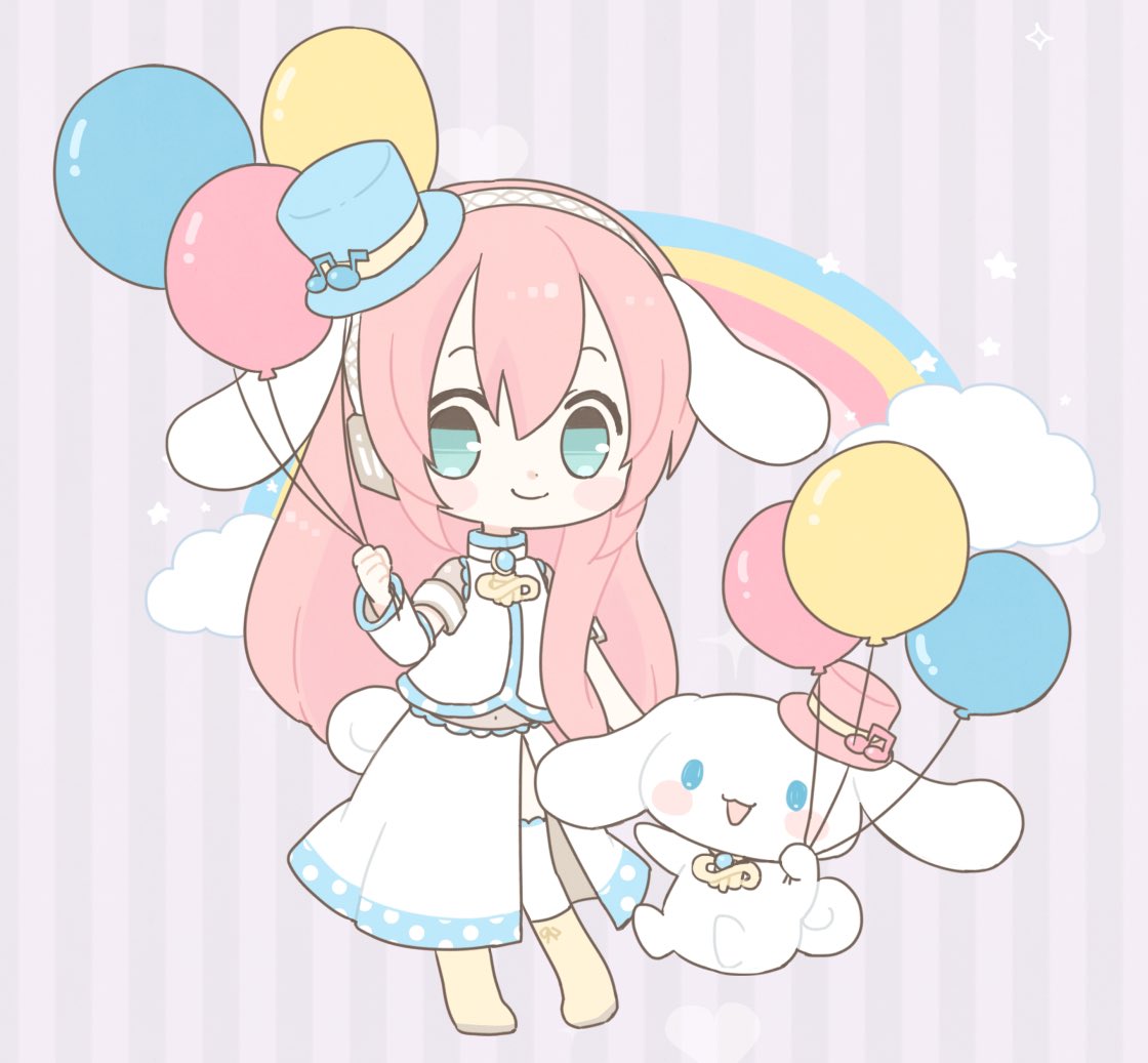 1girl alternate_color aqua_eyes armband balloon beamed_eighth_notes blush_stickers boots chibi clouds commentary eighth_note gold_footwear hat headphones holding holding_balloon knee_boots long_hair looking_at_viewer megurine_luka mini_hat mini_top_hat musical_note najo pastel_colors pink_hair rabbit rainbow shirt short_sleeves side_slit single_arm_warmer skirt smile star_(sky) striped striped_background thigh-highs top_hat vocaloid white_legwear white_shirt white_skirt