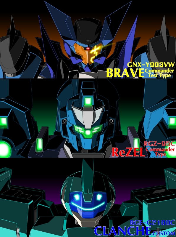 blue_eyes brave_commander_test_type character_name clanche_custom glowing glowing_eyes gundam gundam_00 gundam_age gundam_unicorn looking_ahead looking_at_viewer mecha mobile_suit no_humans orange_eyes rezel_commander_type science_fiction super_robot_wars super_robot_wars_bx upper_body v-fin visor xiphias_(mmi-m15e)