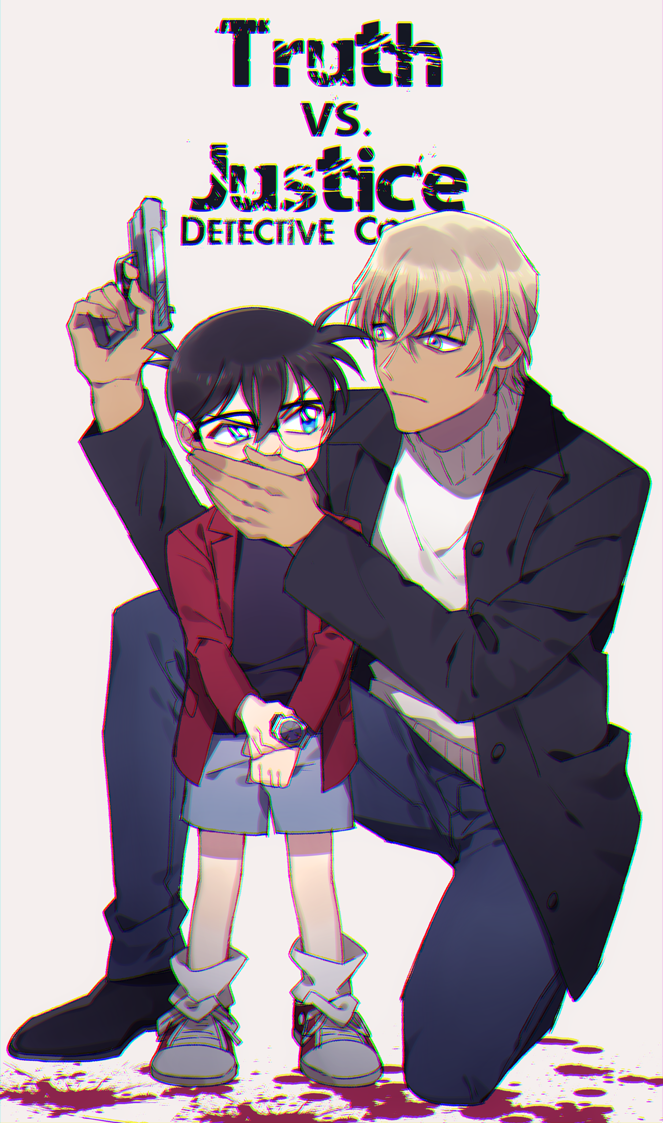 2boys amuro_tooru bangs black-framed_eyewear black_footwear black_jacket black_shirt blonde_hair blood blood_splatter blue_eyes blue_pants brown_hair buttons cardigan child closed_mouth commentary_request copyright_name covering_mouth edogawa_conan english_text full_body glasses grey_shorts gun hair_between_eyes hand_over_another's_mouth hand_up handgun holding holding_gun holding_weapon jacket k_(gear_labo) long_sleeves looking_at_another looking_to_the_side male_focus meitantei_conan multiple_boys one_knee open_clothes open_jacket open_shirt pants red_shirt serious shirt shoes short_hair shorts simple_background sneakers socks splatter standing watch watch weapon white_background white_cardigan white_legwear