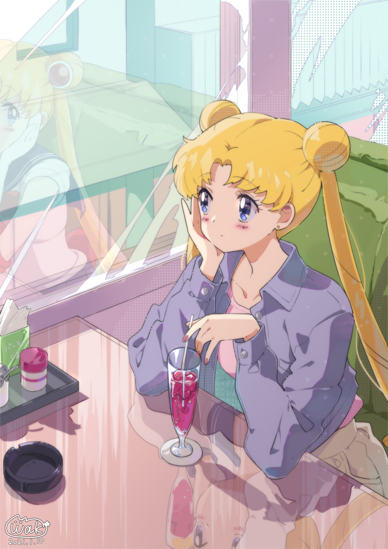 1girl ashtray bishoujo_senshi_sailor_moon blonde_hair blue_eyes blush cafe casual commentary_request cup dated day double_bun drinking_glass drinking_straw earrings elbow_rest eyebrows_visible_through_hair indoors jewelry long_hair long_sleeves looking_away neki_(wakiko) reflection sailor_moon signature sitting solo stud_earrings twintails window