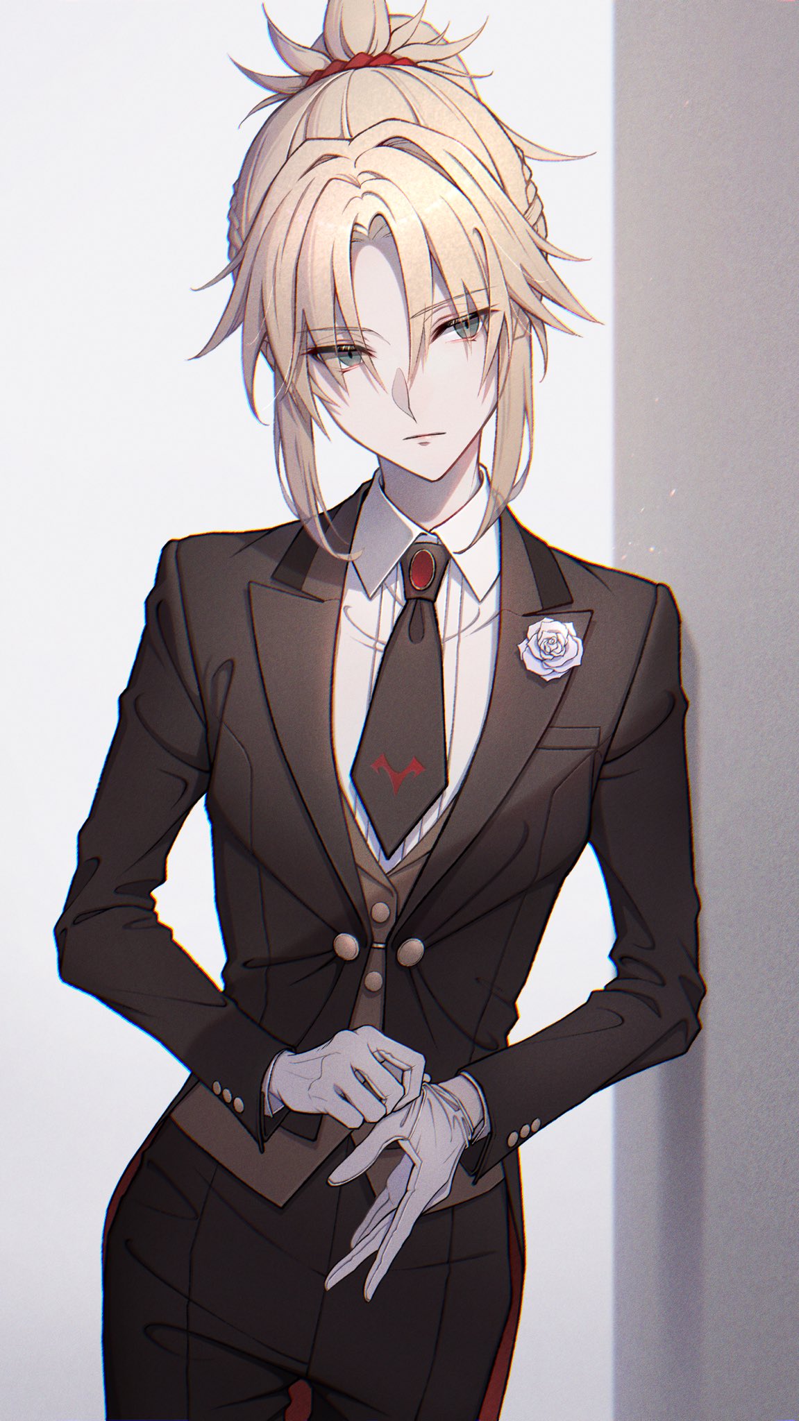 1girl bangs blonde_hair braid breasts closed_mouth collar collared_shirt eyebrows_visible_through_hair fate/apocrypha fate/grand_order fate_(series) flower formal french_braid glove_pull gloves green_eyes hair_ornament hair_scrunchie highres long_hair mordred_(fate) mordred_(fate)_(all) necktie nn_0_to ponytail red_scrunchie scrunchie shirt short_hair small_breasts solo suit tuxedo vest white_flower