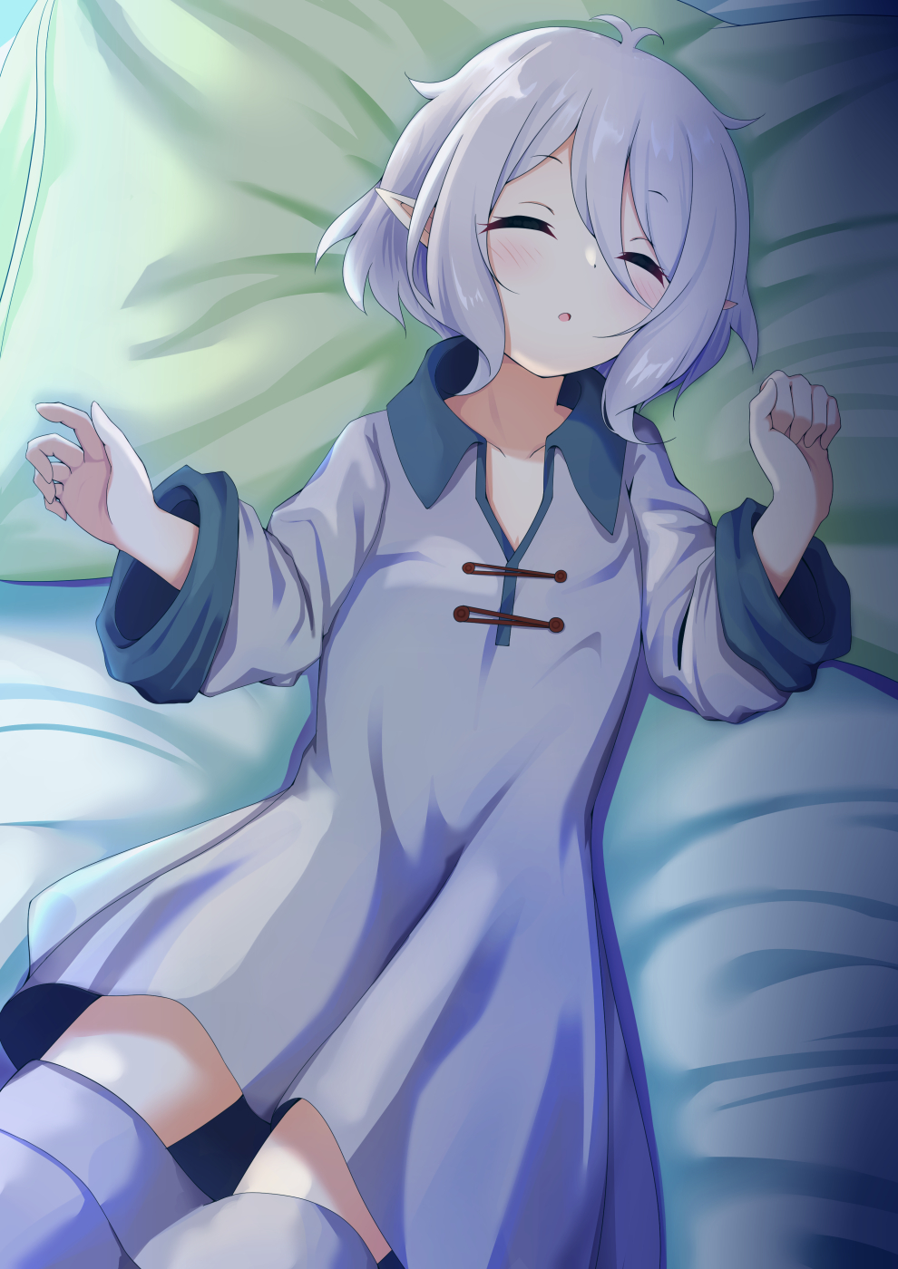 1girl :o ahoge antenna_hair bangs bed blush breasts closed_eyes collarbone eyebrows_visible_through_hair hair_between_eyes hands_up highres kokkoro_(princess_connect!) long_sleeves lying on_back on_bed parted_lips pointy_ears princess_connect! princess_connect!_re:dive short_hair silver_hair sleeping small_breasts solo syurimp