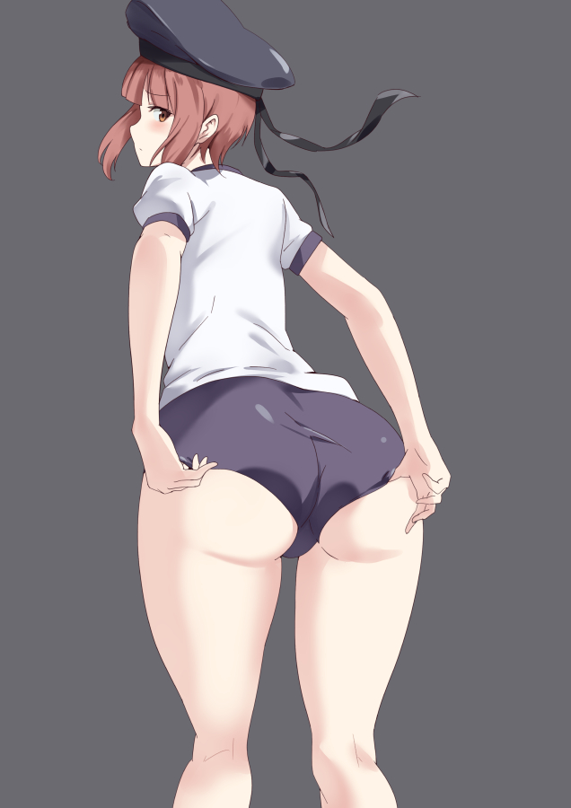 1girl adjusting_buruma adjusting_clothes ass bangs black_buruma black_hair blunt_bangs blush brown_eyes brown_hair buruma closed_mouth commentary grey_background gym_shirt hat kantai_collection kneepits leaning_forward light_frown moroheiya_(moroheiya-works) sailor_hat shirt short_hair short_sleeves sidelocks simple_background solo t-shirt white_shirt z3_max_schultz_(kantai_collection)