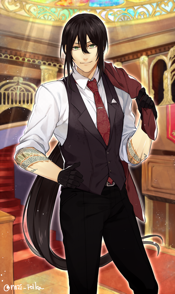 1boy 2f_sq arm_tattoo black_gloves black_hair black_pants black_vest cowboy_shot fate/grand_order fate_(series) formal gloves green_eyes hair_between_eyes indoors long_hair looking_at_viewer male_focus necktie pants ponytail red_neckwear shirt smile solo stairwell standing tattoo twitter_username vest white_shirt yan_qing_(fate)
