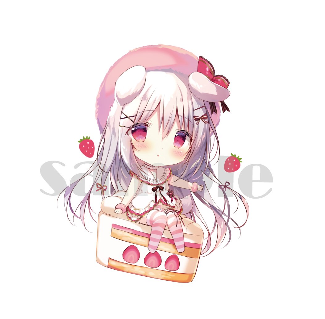 1girl :o animal_ears bangs beret blush bow cake cake_slice chibi commentary_request dog_ears dog_girl dog_tail dress eyebrows_visible_through_hair food frilled_dress frilled_sailor_collar frills hair_between_eyes hair_ornament hairclip hat hat_bow long_hair no_shoes original parted_lips pink_headwear red_bow red_eyes sailor_collar sailor_dress sample shiratama_(shiratamaco) silver_hair simple_background sitting solo striped striped_legwear tail thigh-highs very_long_hair white_background white_dress white_sailor_collar x_hair_ornament