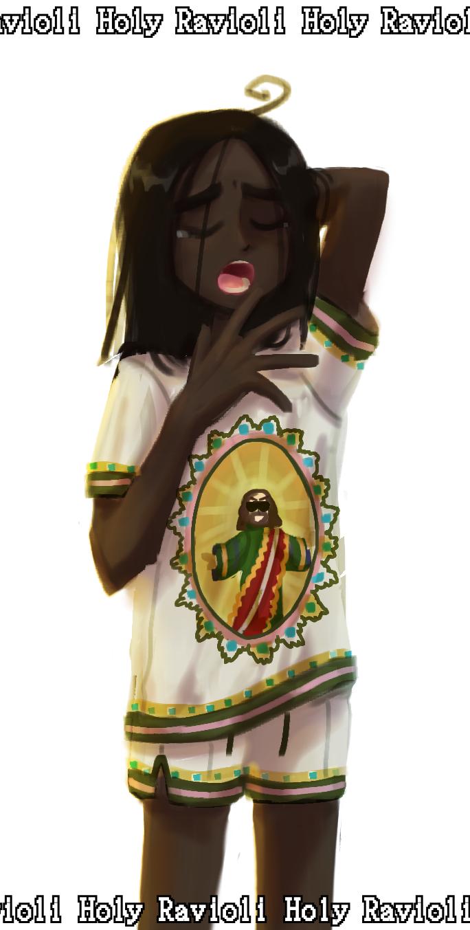 1girl ahoge artist_name brown_hair closed_eyes dark_skin dark-skinned_female hand_up highres holy_ravioli jesus long_hair open_mouth original print_shirt shirt short_sleeves shorts simple_background solo sunglasses tears very_dark_skin white_background white_shirt white_shorts yawning