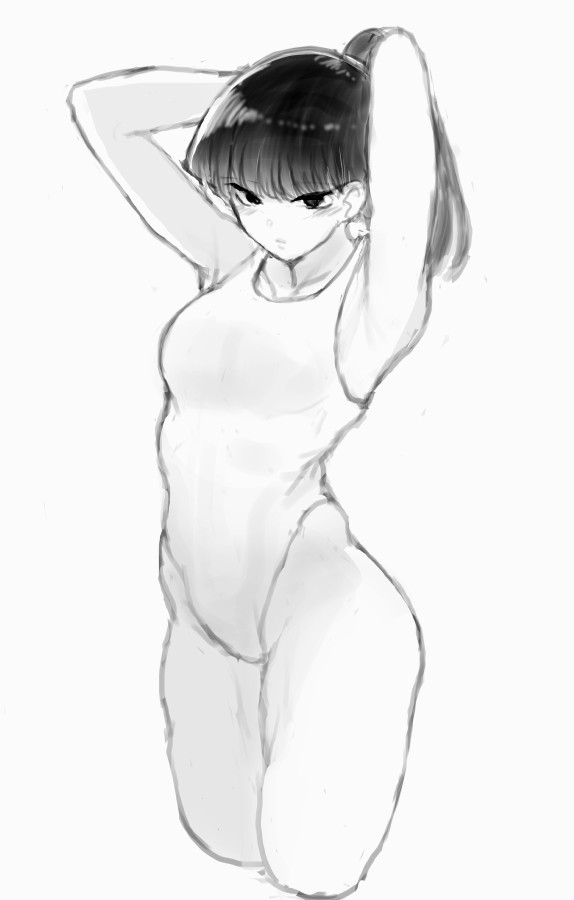 1girl armpits arms_behind_head arms_up blush closed_mouth collarbone competition_swimsuit greyscale guhanshounen komi-san_wa_komyushou_desu komi_shouko long_hair monochrome one-piece_swimsuit ponytail simple_background sketch solo swimsuit white_background