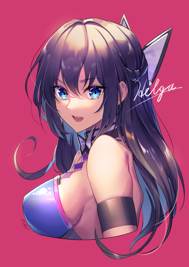 1girl :d arm_strap bangs bare_shoulders black_hair blue_eyes bow bowtie breasts cropped_arms cropped_torso eyebrows_visible_through_hair from_side large_breasts long_hair looking_at_viewer looking_to_the_side milcho open_mouth original pink_background purple_hair sideboob signature simple_background skindentation smile white_bow white_neckwear