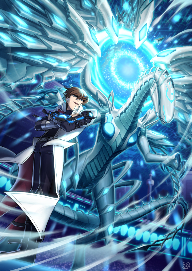 1boy bangs black_shirt blue_eyes boots brown_hair claws coat commentary_request crossed_arms deep-eyes_white_dragon dragon duel_disk duel_monster energy from_below hair_between_eyes kaiba_seto koma_yoichi looking_to_the_side male_focus open_mouth pants sharp_teeth shirt smile solo stadium teeth white_coat yu-gi-oh! yu-gi-oh!_the_dark_side_of_dimensions