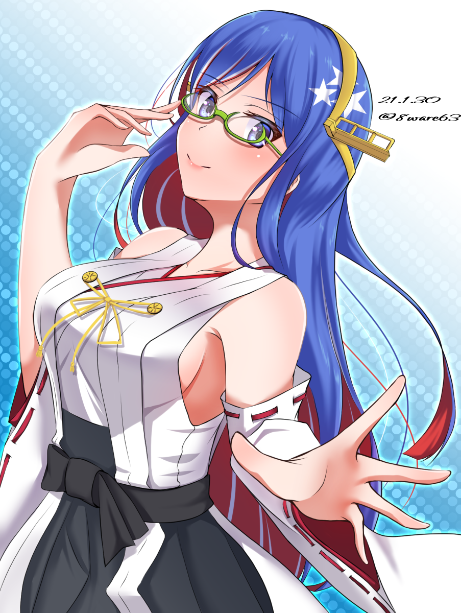 1girl bespectacled blue_background blue_eyes blue_hair breasts collarbone cosplay dated glasses hachiware_(8ware63) highres kantai_collection kirishima_(kantai_collection) kirishima_(kantai_collection)_(cosplay) large_breasts long_hair looking_at_viewer multicolored_hair nontraditional_miko redhead remodel_(kantai_collection) ribbon-trimmed_sleeves ribbon_trim smile solo south_dakota_(kantai_collection) twitter_username white_hair wide_sleeves