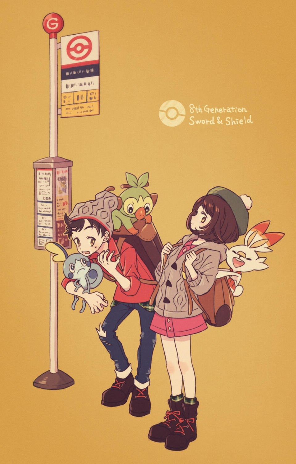 1boy 1girl backpack bag beanie bob_cut boots brown_bag brown_eyes brown_footwear brown_hair buttons cable_knit cardigan collared_dress commentary_request copyright_name denim dress gen_8_pokemon gloria_(pokemon) green_headwear green_legwear grey_cardigan grey_headwear grookey hat highres holding holding_pokemon hooded_cardigan hunched_over jeans komasawa_(fmn-ppp) pants pink_dress plaid plaid_legwear poke_ball_symbol pokemon pokemon_(creature) pokemon_(game) pokemon_swsh red_shirt scorbunny shirt shoes short_hair sign sleeves_rolled_up sobble socks starter_pokemon_trio suitcase tam_o'_shanter torn_clothes torn_jeans torn_pants victor_(pokemon)