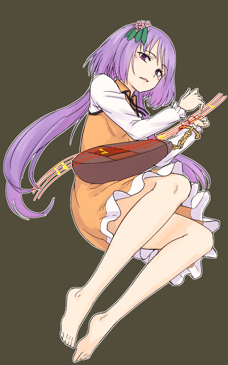 1girl bangs barefoot beamed_eighth_notes biwa_lute chain collared_dress dark_background dress eighth_note eyebrows_visible_through_hair flower frilled_sleeves frills gold_chain hair_flower hair_ornament highres instrument kakone leaf_hair_ornament long_hair long_sleeves looking_at_viewer lute_(instrument) musical_note open_mouth orange_dress pink_flower purple_hair simple_background solo touhou tsukumo_benben violet_eyes