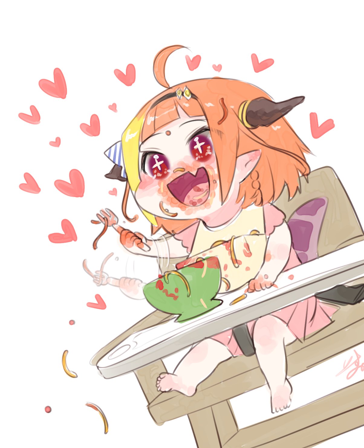 +_+ 1girl ahoge bangs barefoot bib black_hairband blonde_hair blunt_bangs blush bow braid child commentary_request dragon_girl dragon_horns dragon_tail dress eating fang feet food food_bowl food_on_face food_on_hair fork full_body hairband heart high_chair highres holding holding_fork hololive horn_bow horns isuka kiryuu_coco looking_to_the_side messy motion_lines multicolored multicolored_eyes multicolored_hair open_mouth orange_hair pasta pink_dress playing_with_food pointy_ears red_eyes sauce scales short_hair signature simple_background single_braid sitting skin_fang solo spaghetti striped striped_bow symbol-shaped_pupils tail violet_eyes virtual_youtuber white_background younger