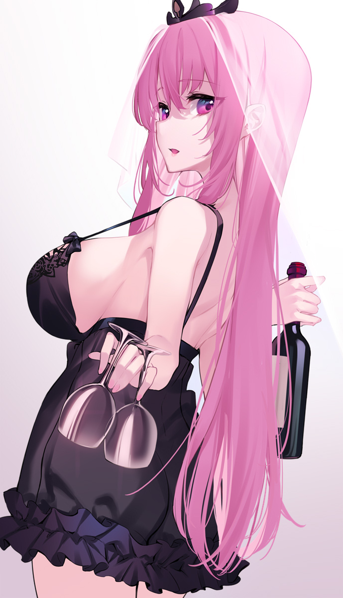 1girl ass bangs blush bottle breasts cup drinking_glass frilled_negligee hands_up highres holding hololive hololive_english large_breasts lingerie long_hair looking_at_viewer mori_calliope negligee open_mouth pink_hair red_eyes see-through simple_background solo tiara underwear veil virtual_youtuber white_background wine_bottle wine_glass yaguo