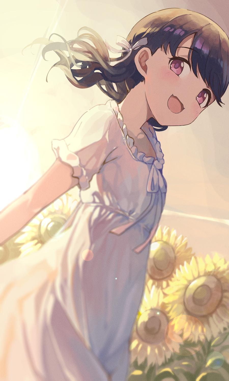1girl backlighting bangs black_hair commentary_request dress dutch_angle fangs flower frilled_dress frills fukumaru_koito highres hiroki_(yyqw7151) idolmaster idolmaster_shiny_colors long_hair looking_at_viewer open_mouth short_sleeves skin_fangs solo sun sunflower sunlight swept_bangs twilight twintails violet_eyes white_dress wind