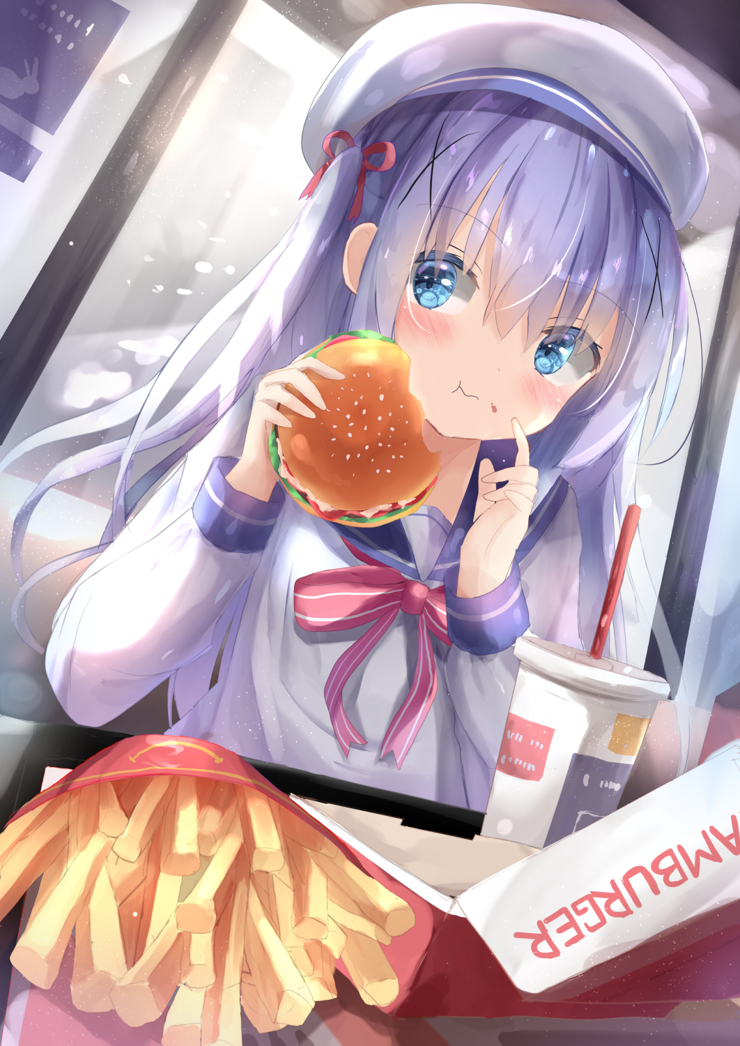 1girl :t beret blue_eyes blue_hair blue_sailor_collar blush bow closed_mouth commentary_request cup disposable_cup drinking_straw dutch_angle fast_food food food_on_face french_fries gochuumon_wa_usagi_desu_ka? hair_ornament hair_ribbon hamburger hat highres holding holding_food kafuu_chino long_hair long_sleeves looking_at_viewer mcdonald's natuna_natu one_side_up red_bow red_ribbon ribbon sailor_collar school_uniform serafuku shirt solo striped striped_bow upper_body very_long_hair wavy_mouth white_headwear white_shirt x_hair_ornament