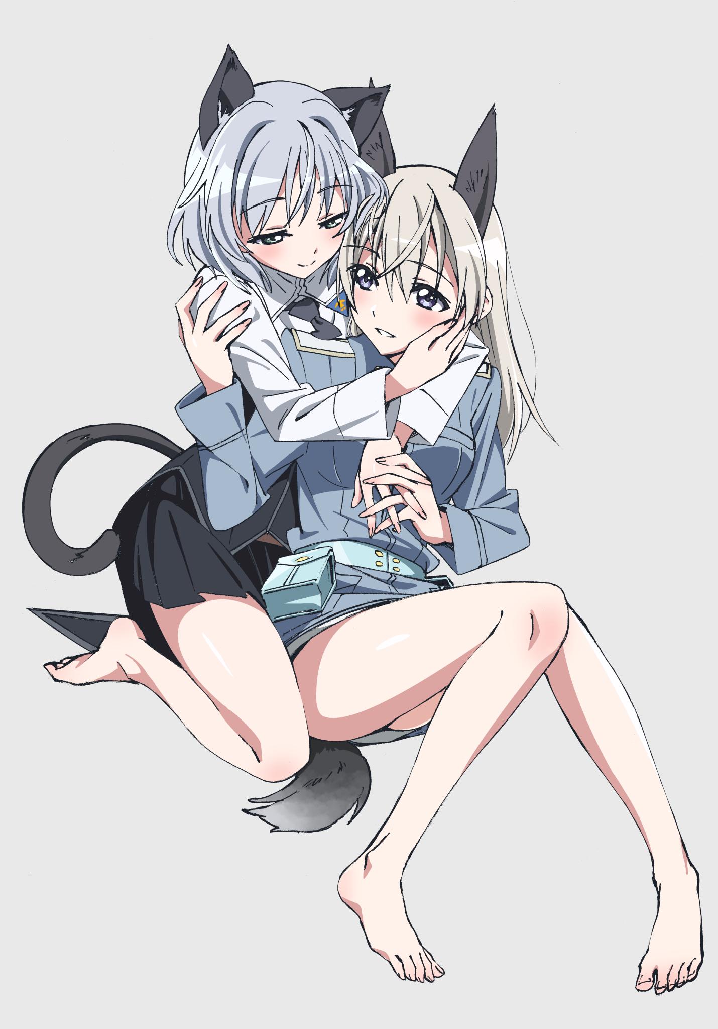 2girls animal_ears bangs barefoot belt black_neckwear black_skirt blue_belt blue_eyes blue_jacket blush cat_ears cat_tail closed_mouth commentary dog_ears dog_tail dress_shirt eila_ilmatar_juutilainen grey_background grey_hair half-closed_eyes hand_on_another's_face hands_together highres hug hug_from_behind interlocked_fingers jacket kogarashi51 long_hair looking_at_another looking_back medium_hair military military_uniform miniskirt multiple_girls necktie no_legwear no_pants parted_lips pleated_skirt sanya_v_litvyak shirt silver_hair simple_background sitting skirt smile strike_witches tail uniform white_shirt wing_collar world_witches_series yuri