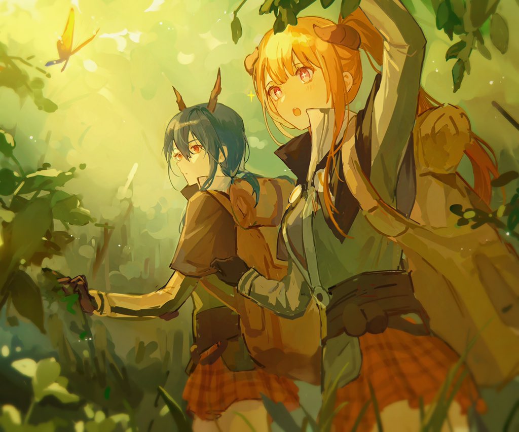 +_+ 2girls arknights arm_up backpack bag bagpipe_(arknights) belt black_capelet black_gloves blue_hair blurry blurry_background blurry_foreground brown_bag bug butterfly capelet ch'en_(arknights) checkered checkered_skirt dragon_horns foliage gloves green_jacket high_collar horns insect jacket leaf long_hair looking_at_animal miniskirt multiple_girls open_mouth orange_hair ponytail qinglai_haiji red_eyes red_skirt skirt sparkle utility_belt violet_eyes