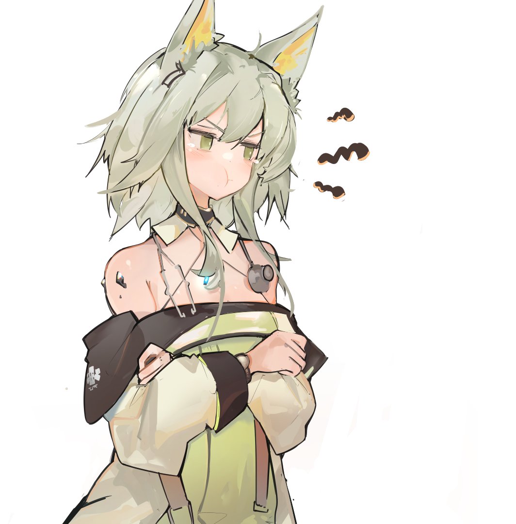 animal_ear_fluff animal_ears arknights bare_shoulders choker clenched_hands closed_mouth commentary_request crossed_arms dress frown green_dress green_eyes green_hair head_tilt kal'tsit_(arknights) long_sleeves looking_to_the_side lynx_ears medium_hair mikojin pout sidelocks simple_background stethoscope strap white_background