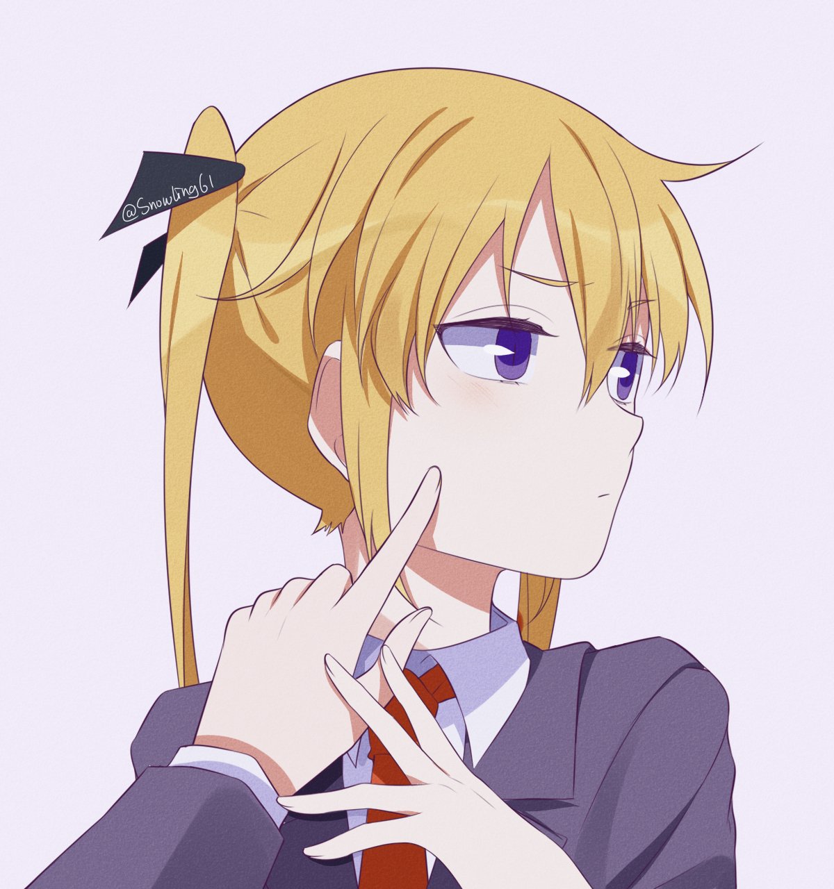 1girl 1other black_ribbon blazer blonde_hair blue_eyes cheek_poking commentary_request grey_background hair_ribbon highres jacket kill_me_baby long_hair looking_to_the_side necktie poking red_neckwear ribbon school_uniform simple_background sonya_(kill_me_baby) tsuki_(rrap5725) twintails twitter_username upper_body