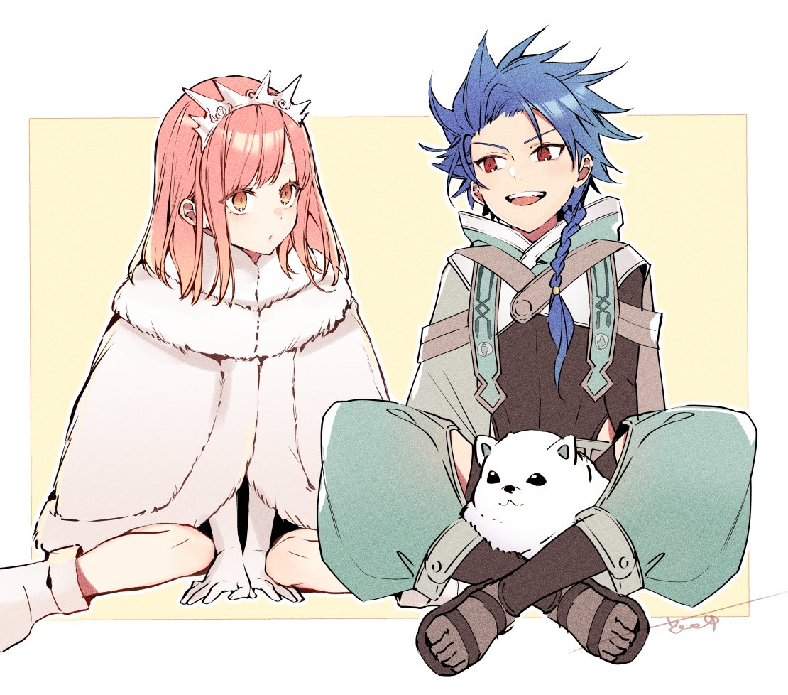 1boy 1girl blue_hair boots braid commentary_request cu_chulainn_(fate)_(all) dog elbow_gloves fate/grand_order fate/grand_order_arcade fate_(series) fur_coat gloves hanagata indian_style lancer looking_at_another medb_(fate)_(all) medb_(fate/grand_order) pink_eyes pink_hair red_eyes sandals simple_background sitting smile spiky_hair tiara white_background younger