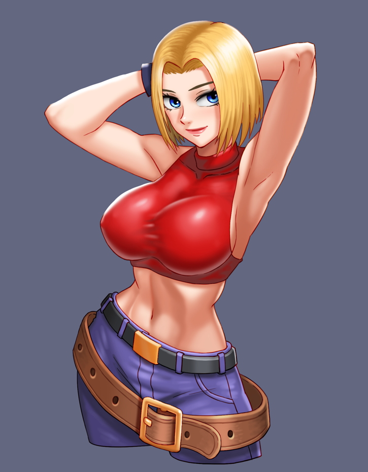 1girl armpits arms_behind_head bare_shoulders belt belt_buckle blonde_hair blue_eyes blue_mary bob_cut boongari breasts buckle closed_mouth contrapposto covered_collarbone cowboy_shot crop_top cropped_legs denim fatal_fury forehead gloves hair_intakes hands_up impossible_clothes impossible_shirt linea_alba lips looking_at_viewer medium_breasts midriff multiple_belts muscular muscular_female navel nose off-shoulder_shirt off_shoulder pants parted_hair shirt short_hair sideboob sideways_glance simple_background slender_waist smile solo taut_clothes taut_shirt the_king_of_fighters tsurime turtleneck