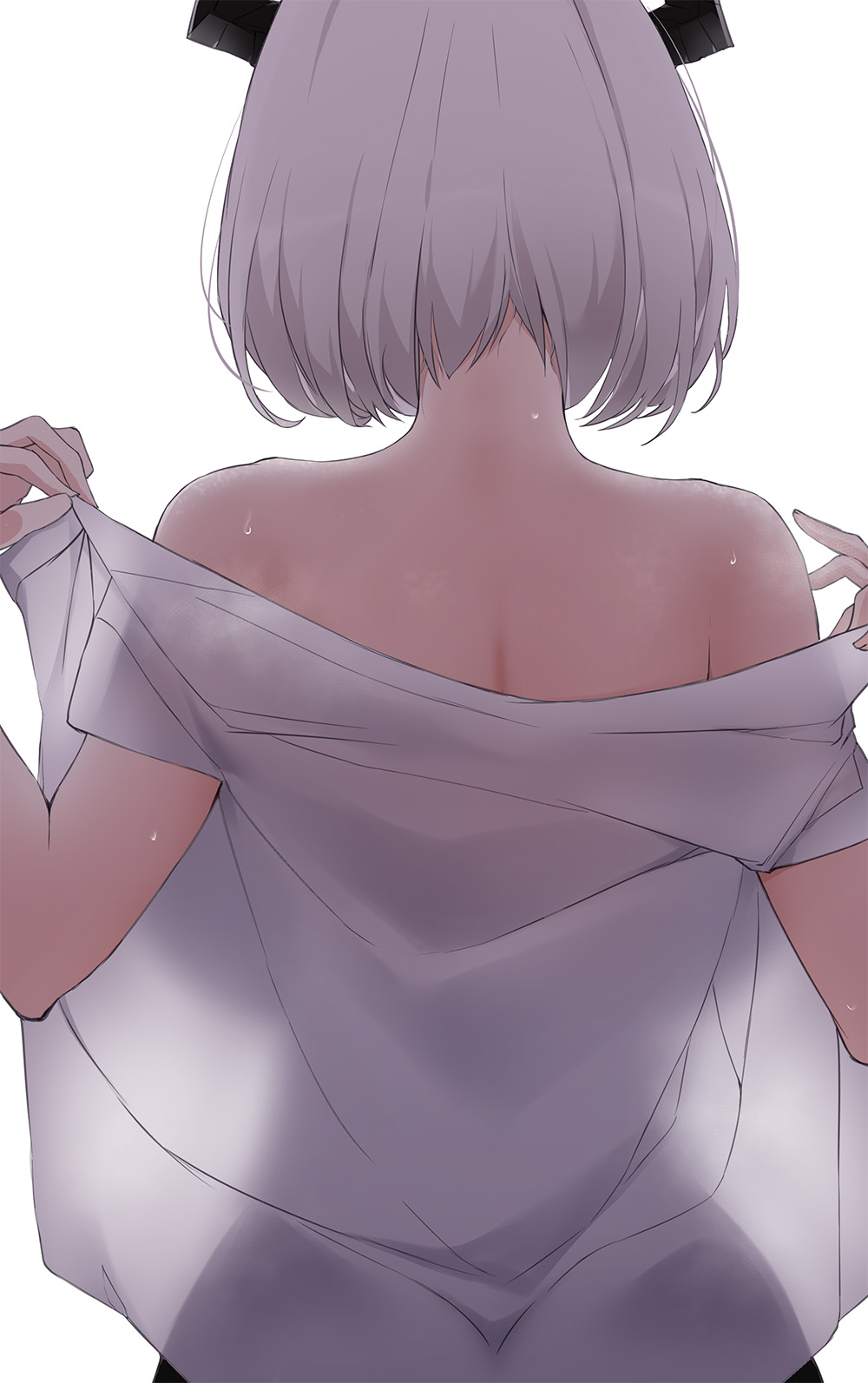 1girl backboob bare_shoulders breasts highres huge_breasts li_zhiheng original see-through_silhouette short_hair solo steaming_body sweat undressing white_background white_hair
