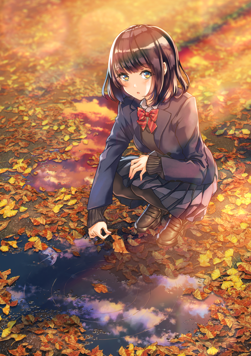 1girl black_hair black_legwear blazer blush bow bowtie brown_eyes clouds highres holding holding_leaf jacket leaf loafers looking_at_viewer looking_up open_mouth original outdoors pantyhose pleated_skirt puddle reflection ripples school_uniform shoes short_hair skirt sky solo squatting sweater uniform water yuu_knmy