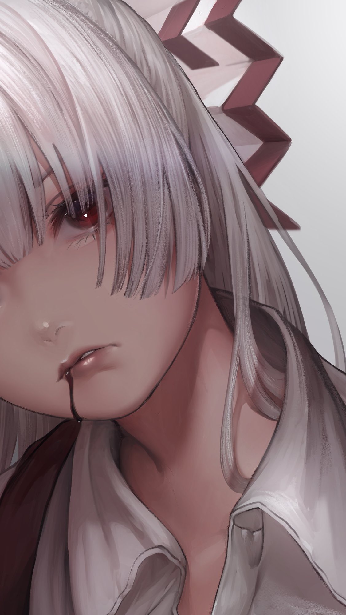 1girl 8mi500 bangs biting blood blood_from_mouth blood_on_face blood_trail bow close-up collared_shirt eyebrows_behind_hair fujiwara_no_mokou grey_background grey_hair grey_shirt hair_bow hair_over_eyes hair_over_shoulder half_updo head_out_of_frame head_tilt highres hime_cut lip_biting lips long_hair looking_at_viewer out_of_frame parted_lips portrait red_bow red_eyes shirt sidelocks silver_hair solo straight_hair suspenders teeth touhou two-tone_bow white_bow white_hair white_shirt wing_collar