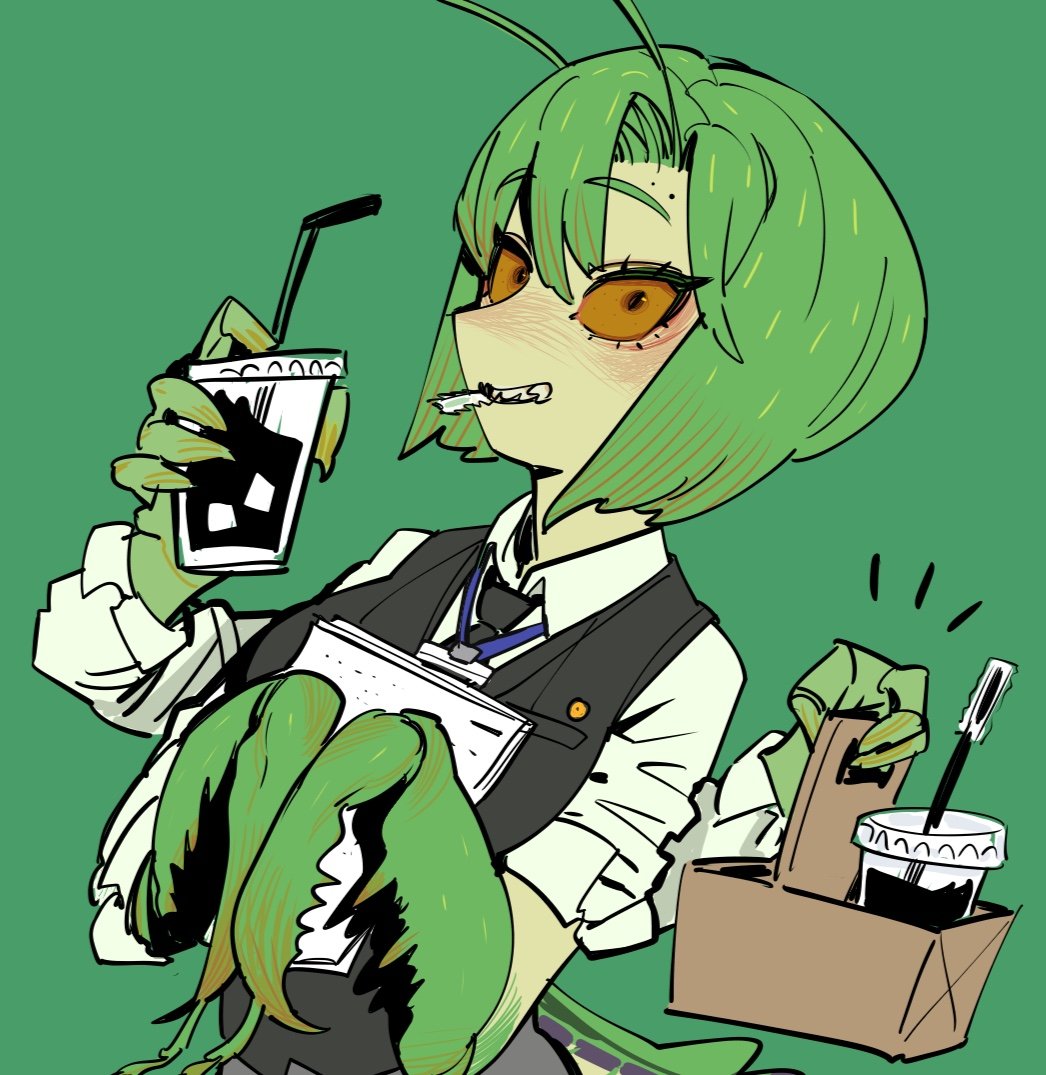 1girl basket black_eyes black_vest blush colored_sclera cup disposable_cup drinking_straw extra_arms green_hair green_theme holding holding_basket holding_cup lanyard long_sleeves looking_at_viewer mantis-chan_(sparrowl) mantis_girl medium_hair monster_girl mouth_hold original sharp_teeth shirt short_sleeves smile solo sparrowl teeth vest white_shirt yellow_sclera