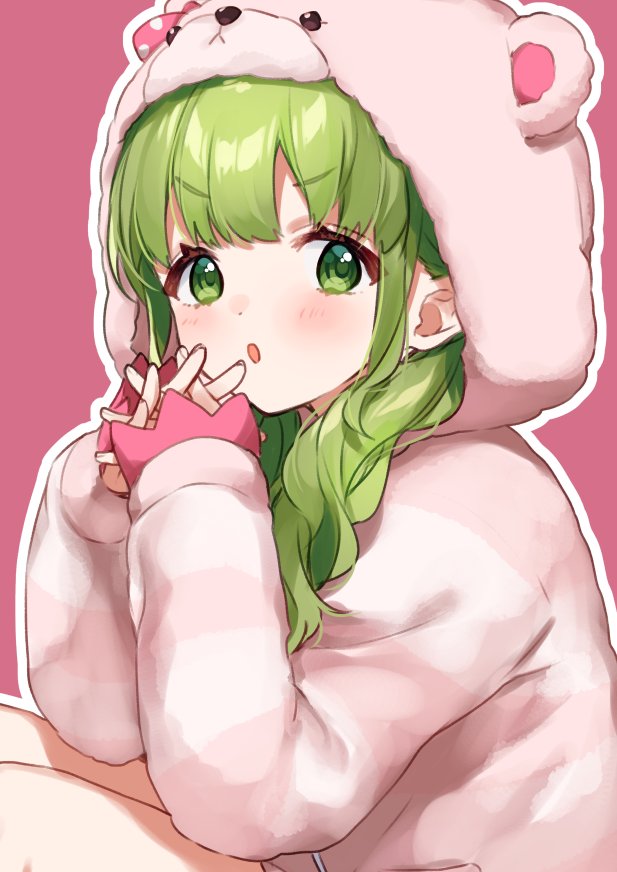 1girl animal_ears animal_hood bangs bear_ears bear_hood blush braid commentary_request eyebrows_visible_through_hair fake_animal_ears green_eyes green_hair hair_over_shoulder hands_together hands_up hood hood_up hooded_jacket interlocked_fingers jacket long_hair long_sleeves looking_at_viewer morinaka_kazaki nijisanji outline parted_lips pink_background pink_jacket simple_background sleeves_past_wrists solo twin_braids v-shaped_eyebrows virtual_youtuber white_outline yamabukiiro