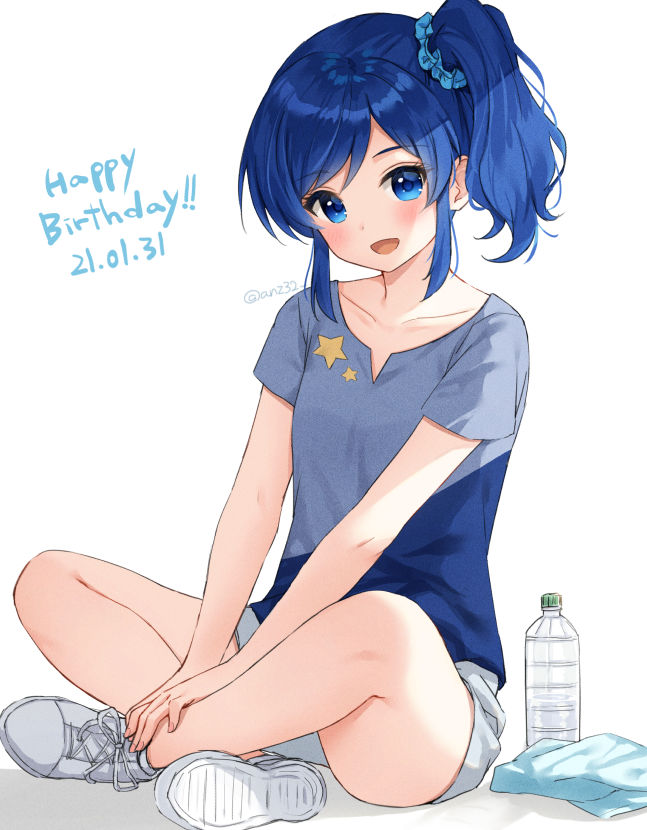 1girl :d aikatsu! aikatsu!_(series) anz32 blue_eyes blue_hair blue_scrunchie bottle commentary_request crossed_ankles dated grey_shirt hair_ornament hair_scrunchie happy_birthday kiriya_aoi looking_at_viewer open_mouth scrunchie shirt shoe_soles shoes short_shorts short_sleeves shorts side_ponytail sitting smile solo star_(symbol) star_print towel twitter_username water_bottle white_background white_footwear white_shorts