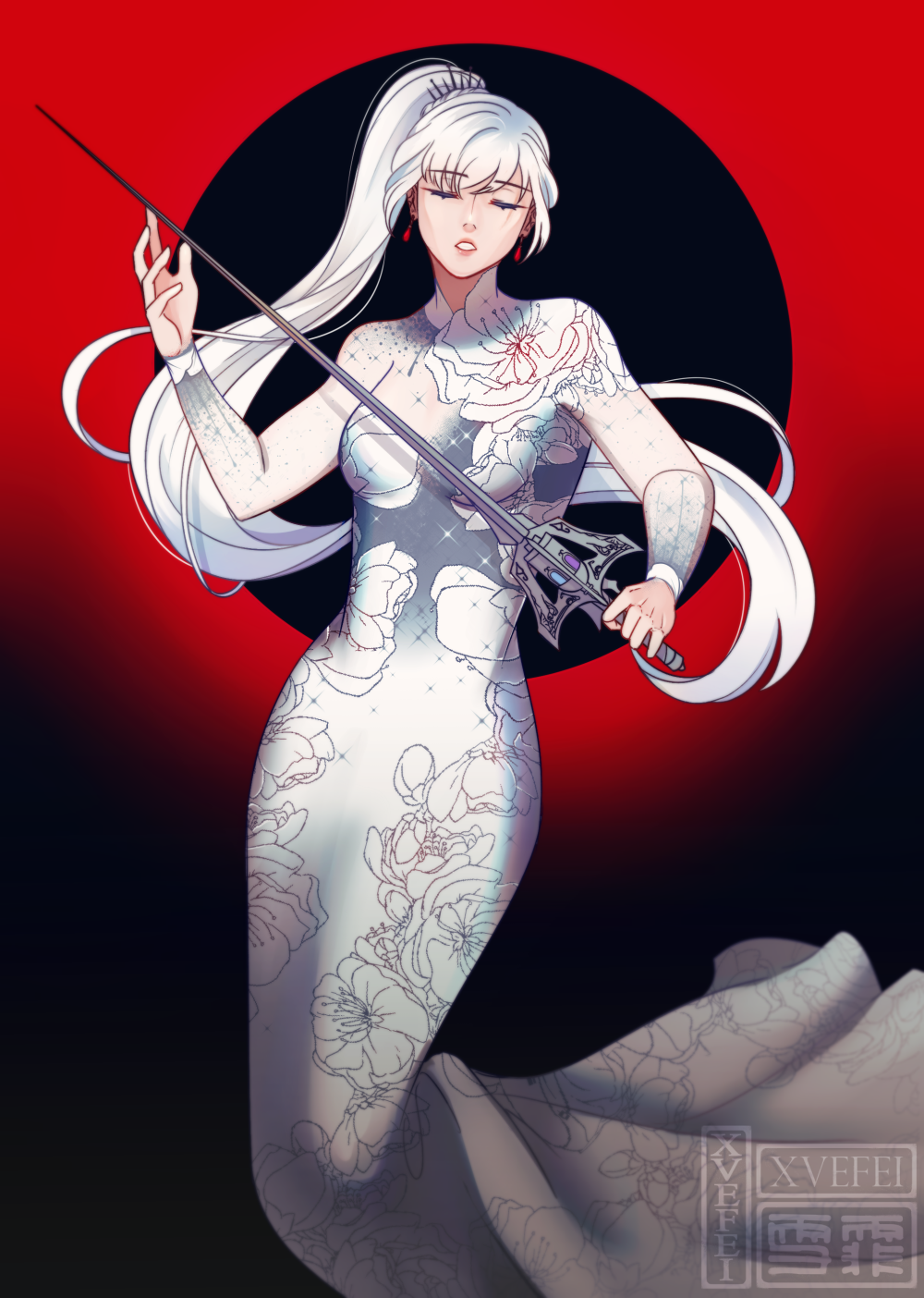 1girl black_background breasts closed_eyes earrings ella_zhao floral_print high_ponytail highres jewelry long_hair medium_breasts myrtenaster parted_lips ponytail rapier rwby scar scar_across_eye solo sword tiara very_long_hair weapon weiss_schnee white_hair