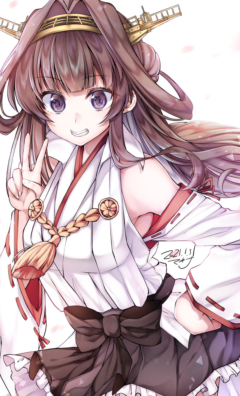 1girl ahoge artist_name bare_shoulders black_skirt brown_hair cowboy_shot dated detached_sleeves double_bun eyebrows_visible_through_hair grin hairband headgear highres japanese_clothes kantai_collection kongou_(kantai_collection) long_hair makina00 nontraditional_miko pleated_skirt ribbon-trimmed_sleeves ribbon_trim signature skirt smile solo v violet_eyes wide_sleeves