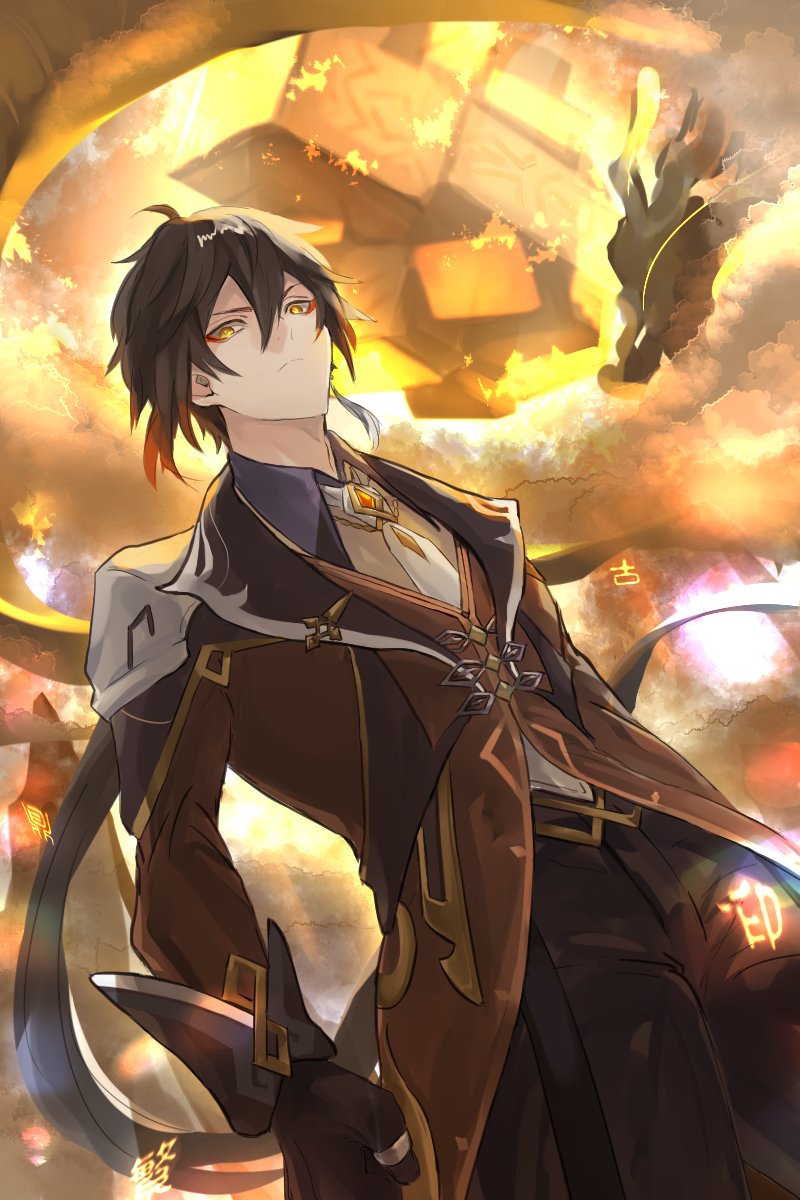 1boy bangs black_gloves black_hair brown_hair clenched_hand closed_mouth clouds cloudy_sky collar cowboy_shot dragon earrings formal genshin_impact gloves hair_between_eyes highres jacket jewelry long_hair long_sleeves looking_at_viewer male_focus meteor multicolored_hair necktie penyo1989 ponytail rex_lapis_(genshin_impact) ring sanrushi single_earring sky solo suit tassel tassel_earrings yellow_eyes zhongli_(genshin_impact)