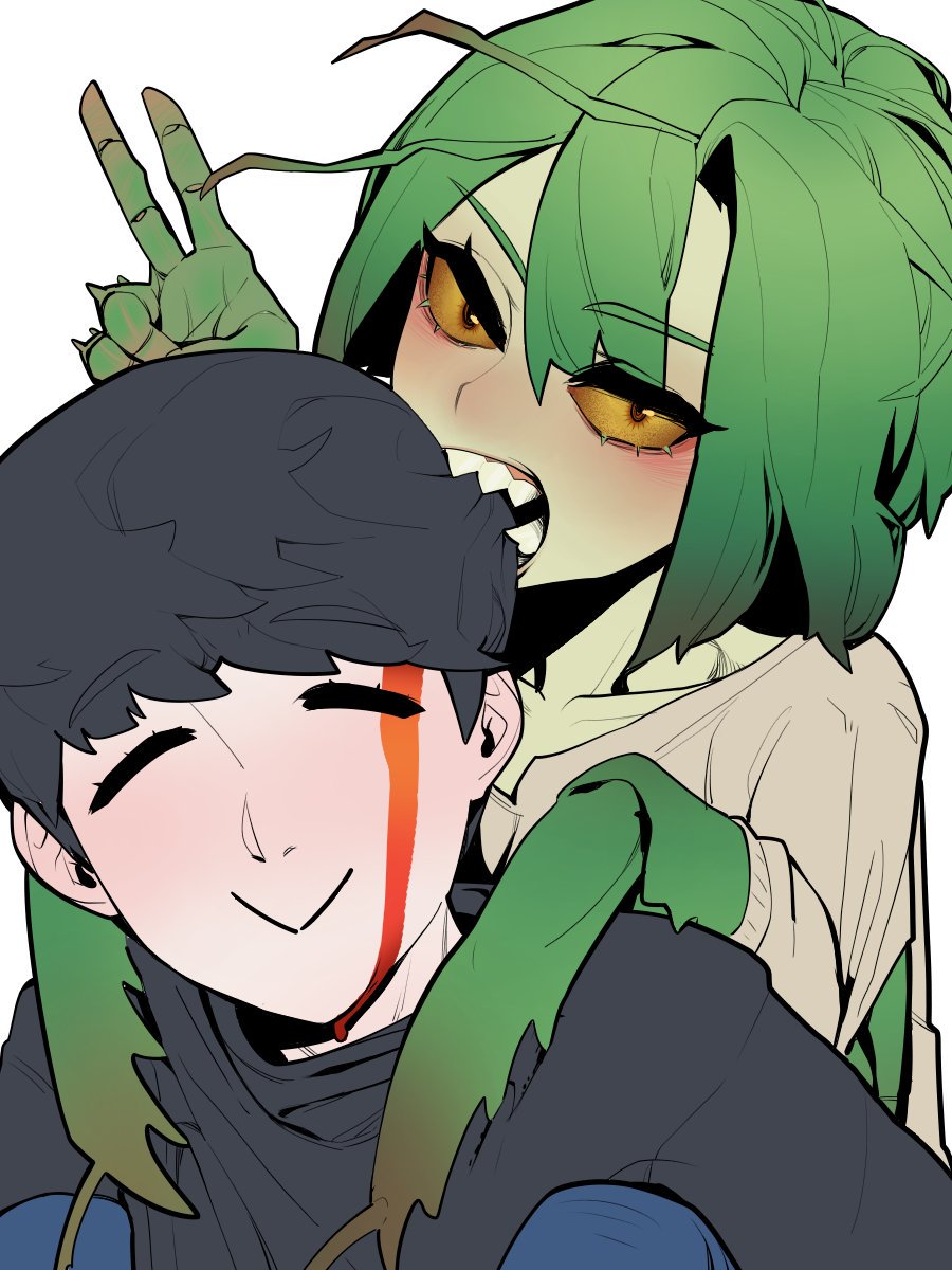 1boy 1girl :&gt; =_= biting_hair blood blood_on_face blush colored_sclera colored_skin couple extra_hands green_hair grey_sweater hand_up hetero highres looking_at_viewer mantis-chan_(sparrowl) mantis_girl monster_girl original simple_background smile sparrowl sweater v white_background yellow_eyes yellow_sclera yellow_skin